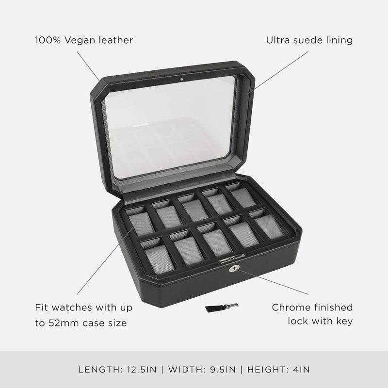 Wolf Designs Windsor 10-Piece Watch Box with Locking Glass Cover - Black/Grey - Image 4